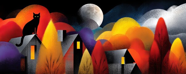 Mid-century Halloween Inspired Illustration Featuring Colorful Trees and a Black Cat Silhouetted Against a Moonlit Sky