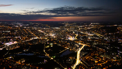 Drone Shot Illuminated Streets Cityscape Evening