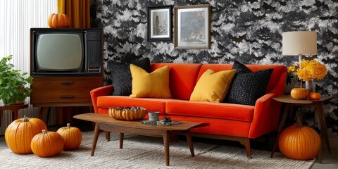 Mid-Century Living Room Decorated for Halloween with Orange Sofa and Vintage Television