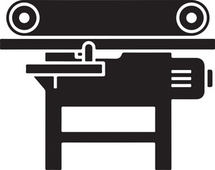 Solid Black Silhouette Icon of Industrial Woodworking Jointer Planer Machine with Belt System.