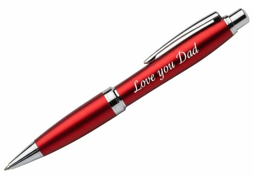 Red engraved pen with love you dad message isolated on white background