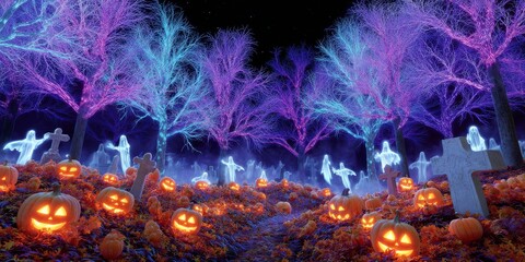 Neon Graveyard Scene with Glowing Pumpkins and Ethereal Figures Surrounded by Illuminated Trees
