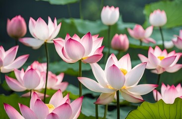 Obraz premium Vibrant pink and white lotus blossoms grown as ornamental plants. Valued globally as a healthy food source, herbal medicine, and a symbol of natural purity.