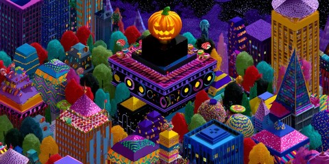 Vibrant Isometric Rooftop Halloween Party With Colorful Buildings and Pumpkin Centerpiece
