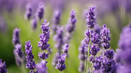 Obraz premium A serene landscape of vibrant purple lavender, emphasizing depth and tranquility. Ideal for themes relating to aromatherapy, relaxation, and natural wellness products.