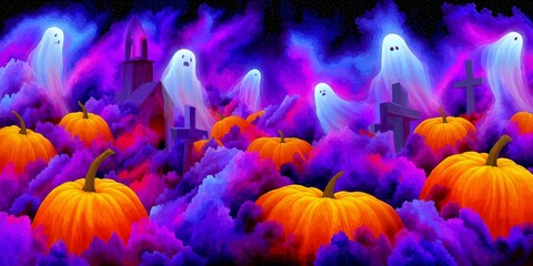Vibrant Neon Graveyard Scene with Glowing Pumpkins and Ethereal Ghosts in a Colorful Autumn Atmosphere