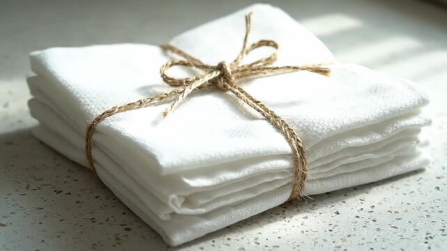 Stack of White Napkins Tied with Jute - A stack of folded white cotton napkins tied with natural jute twine. The napkins are stacked on a speckled surface, with sunlight creating soft shadows.