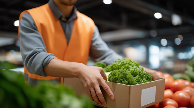 Food selection by a worker organizing fresh produce, ensuring healthy eating and food choice in a retail supermarket. Cardboard box nearby, paper label on fruit, store aisle beeps. three-quarter wid