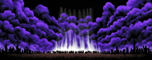 Vibrant Purple Stage with Miniature Bats Swarming Above an Audience During a Night Performance