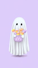 Whimsical Ghost Character Holding Colorful Pastel Candy Corn Against Soft Purple Background