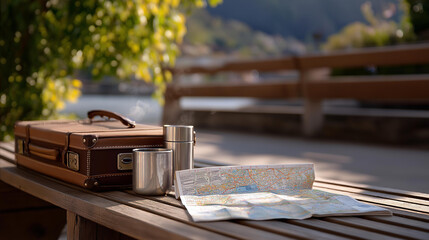 Obraz premium In a rural bus stop, a packed suitcase, its fabric frayed, rests on a wooden bench, its slats weathered, with no one around. A paper map, its folds creased, lies beside a metal thermos, its cap dent