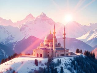 Origami-Style Digital Painting of a Snowy Mosque in Majestic Mountains