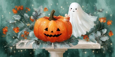 Whimsical Jack-o-Lantern on Pedestal with Ghost and Floral Decorations in a Halloween Setting