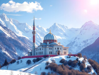 Origami-Style Digital Painting of a Snowy Mosque in Majestic Mountains