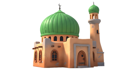 Cartoon mosque with green dome and minaret on a white background.