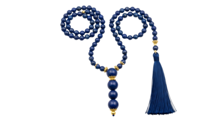 A deep blue lapis lazuli beaded necklace with a tassel, isolated on transparent background