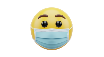 A 3D illustration of a yellow emoji character wearing a light blue medical face mask on a white background.