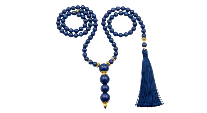 A deep blue lapis lazuli beaded necklace with a tassel, isolated on transparent background