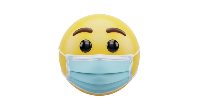 A 3D illustration of a yellow emoji character wearing a light blue medical face mask on a white background. - Powered by Adobe