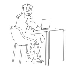 Woman in headset sitting at desk and using notebook. Remote working. Side view. Continuous line drawing. Black and white vector illustration in line art style.