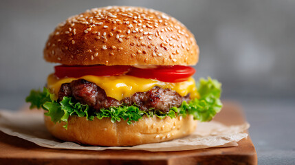 Classic sesame bun burger with melted cheddar and crisp greens on a matte background, minimalist hero shot for restaurant advertising