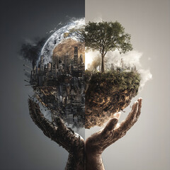 Planet Divided Between Technology and Nature