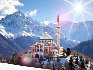 Origami-Style Digital Painting of a Snowy Mosque in Majestic Mountains