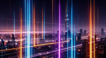 Vibrant neon light trails streaking across a futuristic cityscape at night