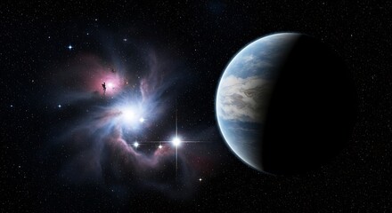 Fototapeta premium Exoplanet orbiting a star with nebula and galaxy in deep space