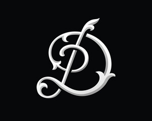 Elegant ornamental letter D in a silver gradient style with decorative flourishes, creating a luxurious and sophisticated monogram design.