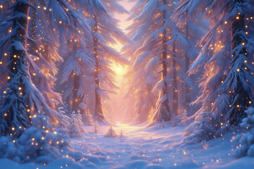 Magical Winter Forest with Glowing Light in Snow"