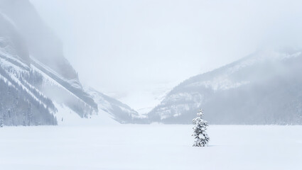 "Single Snow Covered Tree in Icy Winter Mountains"