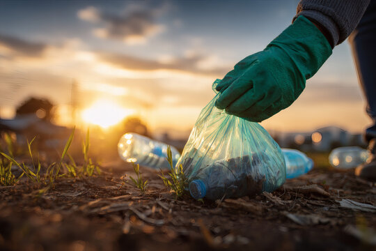 A volunteer collects garbage on a muddy beach. Close-up. The concept of Earth Day.