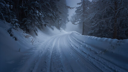 Snowy forest road with tire tracks