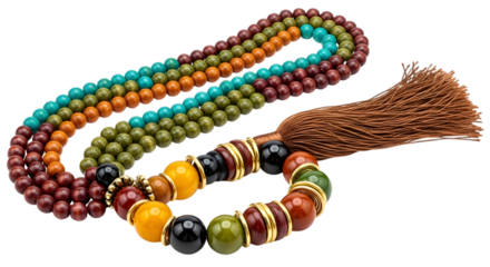 Colorful mala beads with tassel isolated on transparent background