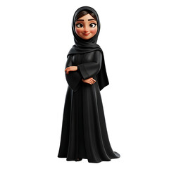 Cartoon woman wearing a black hijab and abaya, standing with arms crossed.