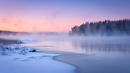 Pink morning mist over frozen lake