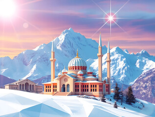 Origami-Style Digital Painting of a Snowy Mosque in Majestic Mountains
