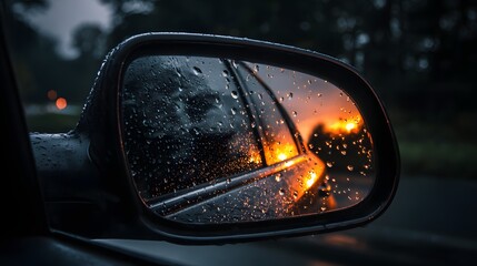 Reflections in a car's side mirror capture a wet and rainy scene, revealing droplets on the glass and a blurred sunset reflecting a warm, radiant light against the dark backdrop.