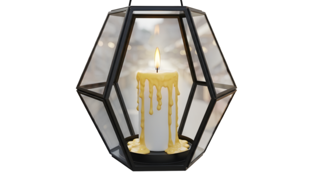 A white candle with dripping wax burns inside a geometric glass and metal lantern, isolated on transparent background