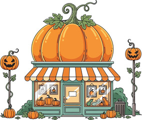 Whimsical pumpkin shop illustration perfect for autumn and halloween designs