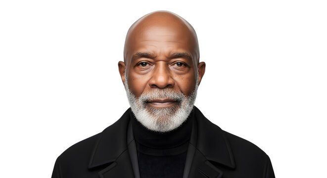 Portrait of a distinguished african american man with a gray beard, wearing a black coat, isolated on transparent background