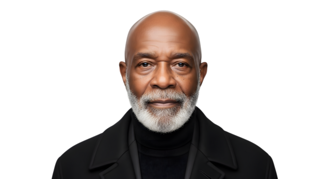 Portrait of a distinguished african american man with a gray beard, wearing a black coat, isolated on transparent background
