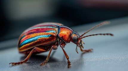 Naklejka premium A vibrant beetle with striking red and blue stripes is seen moving on a shiny metallic surface under natural light. Its intricate features and colors are prominent showcasing its unique beauty.