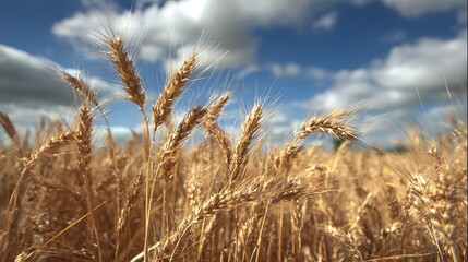 Fototapeta premium Golden wheat stalks sway gently in the summer breeze against a backdrop of a vibrant blue sky adorned with fluffy white clouds, creating a serene and 