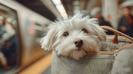 Cute small dog peeking out of a bag while riding on a subway train in a busy city environment