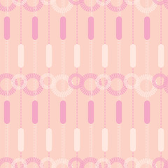 Seamless pattern of geometric shapes such as lines, capsules, circles with radial details. In soft pastel, pink and cream colors for wallpaper,backdrops,brand elements,textiles,wrapping paper,curtains