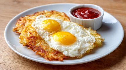 Classic diner breakfast of hashbrowns and eggs with a small tomato sauce, minimalist header for cafe and brunch promos