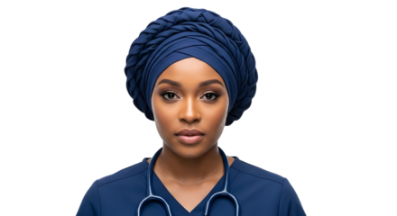 Portrait of a black female doctor wearing a navy blue scrub top and a matching headscarf, isolated on transparent background