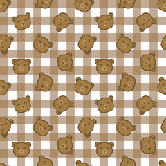 Cute brown bear head seamless pattern. White and brown gingham or checkered background for children's clothing, blankets, wallpaper, textiles, wrapping paper, and children's product packaging